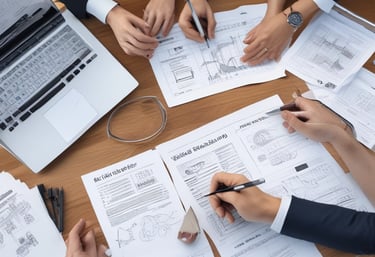 A professional analyzing financial documents with a calculator and a laptop.