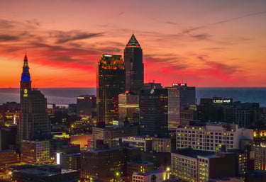 Cleveland skyline at sunset, showcasing Buckeye Venture Group’s Ohio real estate presence