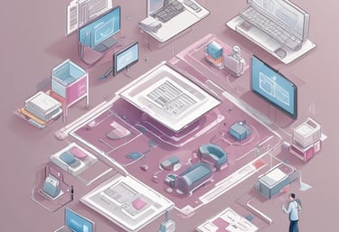 A dimly lit room features a prominent illuminated sign displaying the words 'Sysco LABS.' Below the sign are office desks with various electronic devices, including laptops and cables. The lighting creates a cool and professional atmosphere.