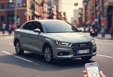 A car interior focusing on the dashboard with a built-in GPS navigation system. The screen displays a map with streets highlighted in green and gray. The dashboard has a modern design with illuminated blue lights outlining the circular screen.