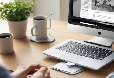 A laptop screen displays a webpage with the title 'ChatGPT Mastery Course'. The page includes sections on Learning, Writing, Money, Marketing, Productivity, and Tools, with various bullet points under each category. The top right shows an open browser tab, and there is a rating section with stars in the top left. Bright icons of various applications are visible at the bottom of the screen.