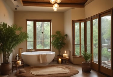A tranquil massage room with a neatly made massage table covered in a neutral-toned sheet and a decorative blanket. A wicker chair with a cushion is placed beside the table. A serene Buddha statue is visible outside the glass doors that allow natural light to enter. The room features a calming ambiance with minimalist decor and a wall light adding warmth to the space.