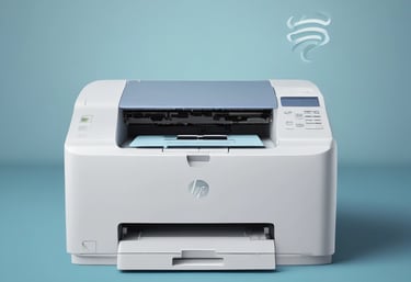 A monochrome image of a black multifunction printer with the brand name visible on the top. The printer displays a control panel and an open paper tray. It is positioned against a plain wall with a small portion of a person or object partially visible in the foreground.