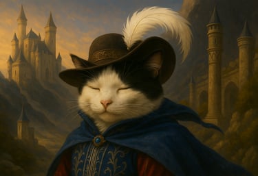 Custom fantasy cat portrait styled as a musketeer in a royal blue cloak with feathered hat