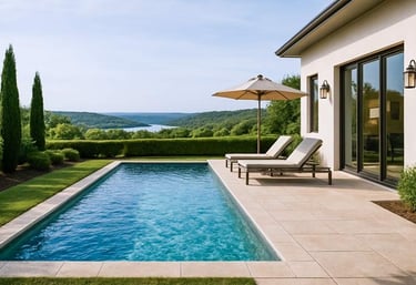 Happy homeowner enjoying backyard pool after weekly maintenance by Piscus Pools – clear water, safe use, consistent service