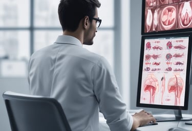 A person wearing a lab coat and blue gloves is looking through a microscope in a laboratory setting. There is a computer screen displaying data next to the microscope, and various laboratory equipment is present on the table.