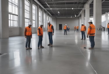 A close-up of a polished concrete floor in a modern industrial setting.