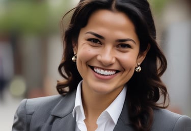 a woman in a suit and tie smiling