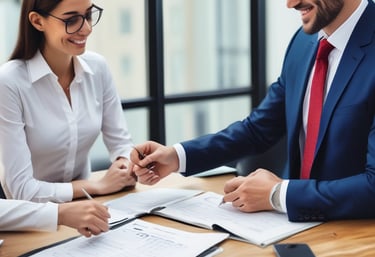 A hand holds a black business card with white text reading 'FORTY TWO Strategy Innovation Design' against a blurred urban skyline backdrop. The sky is clear and blue, suggesting a bright day.