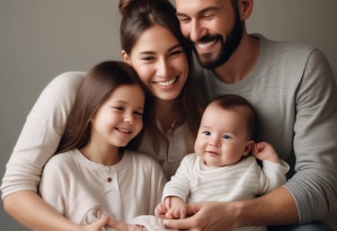 A happy family discussing financial plans for their baby's future.
