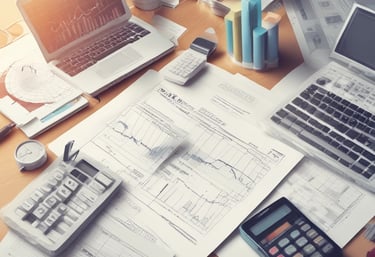 A laptop displaying a website with a search bar at the top and several categorized icons for different services. The laptop is positioned on a light-colored desk in an indoor setting, with the focus on the screen contents and some blurred background elements.