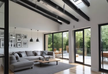 A beautifully renovated garden with vibrant flowers and a patio.