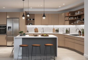 A modern kitchen design in black and white.
