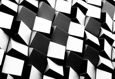 A dynamic, high-contrast abstract image featuring numerous black and white cubes.