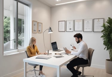 A professional consultation setting with a medical professional sitting at a desk facing a client. The room has a modern with white walls decorated with framed certificates. The desk is organized with office supplies, a laptop, and a fruit bowl in the center.