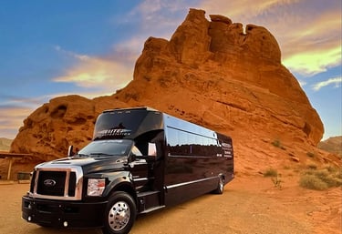a black bus parked in front of a mountain
