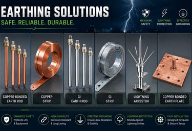 Durable earthing solutions featuring copper bonded earth rods, strips, and lightning arrestors for effective grounding.