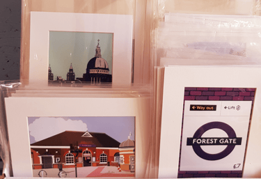 photograph of my small prints that are for sale in local forest gate emporium