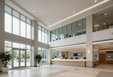 Wide shot of a modern, innovative North American / US hospital lobby with clean architectural lines, large glass windows, and a professional, forward-thinking aesthetic.