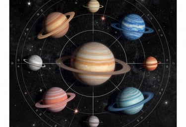 A serene workspace with astrology charts, sacred geometry patterns, and a glowing lamp.