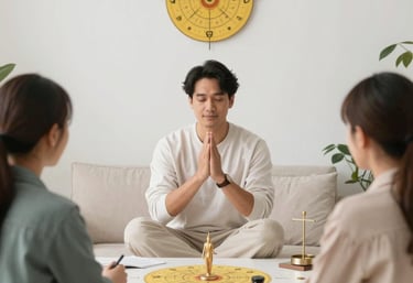 An elegant vastu consultation scene showing a consultant discussing home layout with a client.