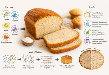 Gluten-free bread infographic illustrating enzyme-supported crumb softness, moisture management