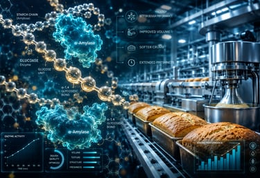 Futuristic industrial bakery illustrating glowing alpha-amylase enzymes