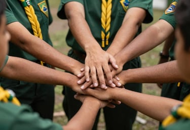 Close-up photography of a group of South American Brazilian scouts' hands stacked together in a circle, wearing green and yellow braided cords on their shoulders. Symbolic of teamwork, unity, and the Desbravadores spirit.