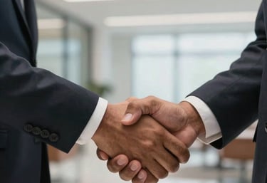 A close-up photograph of hands shaking between two South Asian professionals in a brightly lit, modern Indian office lobby, symbolizing a successful partnership.