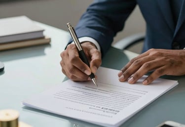 An action shot of a professional hand signing a contract on a sleek desk in a modern Indian corporate setting, steel blue and gold desk accessories, bright and reliable atmosphere.