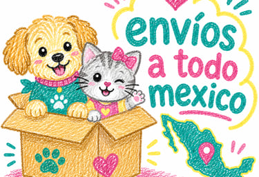 Dibujo a crayón de un perro y un gato tiernos en una caja con el texto 'Envíos a Todo México' para e