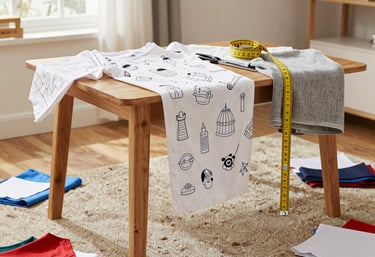Espacio de trabajo para diseño de moda con patrones de tela, cinta métrica y tijeras de costura