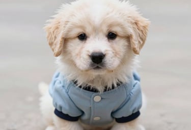 Un adorable cachorro esponjoso de color crema con una pequeña chaqueta azul para perros sentado