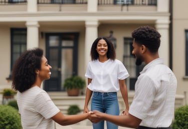 A friendly real estate black woman shaking hands with a happy client in front of a beautiful home.