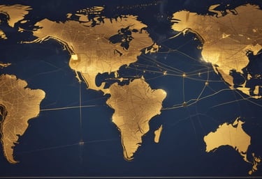 A world map illuminated with interconnected golden lines symbolizing global alliance and economic integration.