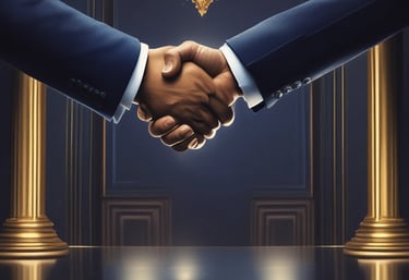 Close-up of hands shaking over a polished wooden table with gold accents, symbolizing alliance and trust.