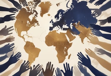 Close-up of hands from diverse individuals joining together over a navy and gold background.