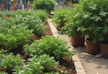 A lush green landscape showcasing newly planted trees and engaged volunteers.