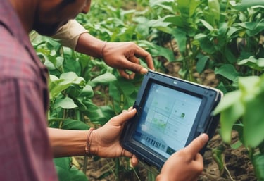 Farmers using drone technology for modern agricultural practices.