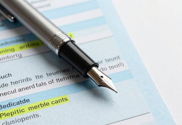 Detail shot of a professional fountain pen resting on a technical medical report with highlighted sections, sharp and clear texture, light blue and off-white background.