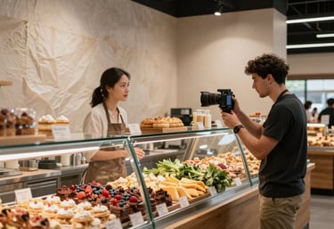 A modern food market in the US with clean parchment walls, where a social media manager is capturing content of a fresh bakery display.