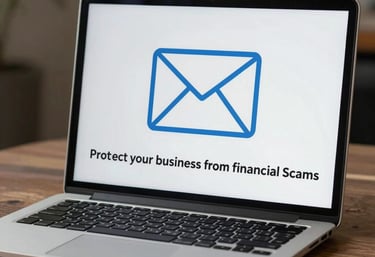 Laptop with an email icon and text about protecting your business from financial scams.