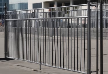 A row of robust steel police barriers lined up at an outdoor event in Dubai under a clear sky.