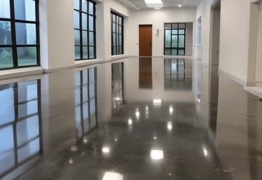 A sleek epoxy flooring installation in a modern Dubai office lobby, reflecting sunlight.
