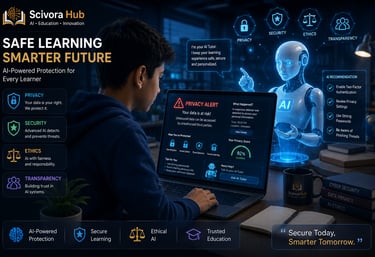 Student viewing a privacy warning on a laptop with AI security, ethics, and cybersecurity icons