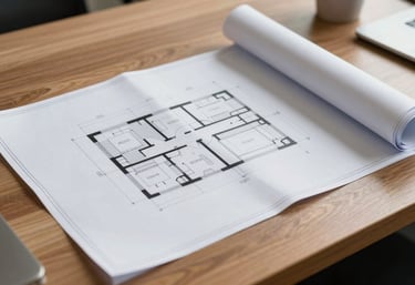 A close-up shot of architectural blueprints and development plans on a clean wooden desk in a professional Raipur office.