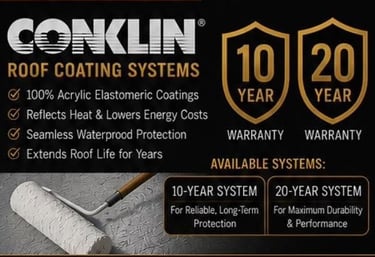 Conklin acrylic elastomeric roof coating systems featuring 10 and 20 year warranty options for energy efficiency.
