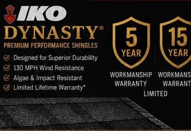 IKO Dynasty premium performance shingles with 5 and 15 year workmanship warranties and 130 MPH wind resistance.