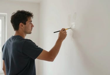 Detail of a repair task being executed flawlessly on a residential wall, showing the before and after quality of a smooth, professional repair.