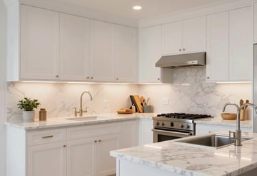 A stunning, modern North American kitchen after a full remodel with clean white cabinetry, marble countertops, and warm recessed lighting.